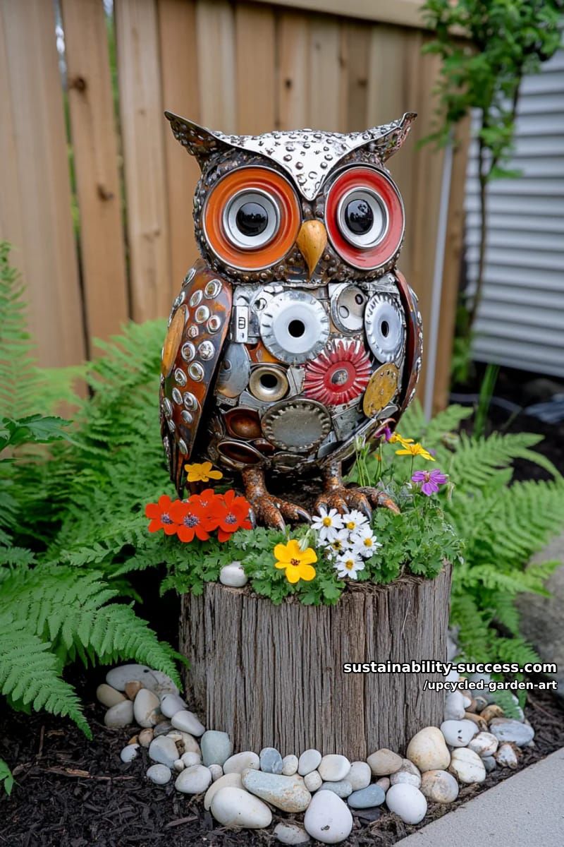 owl sculpture from hubcaps and old metal tool parts 1