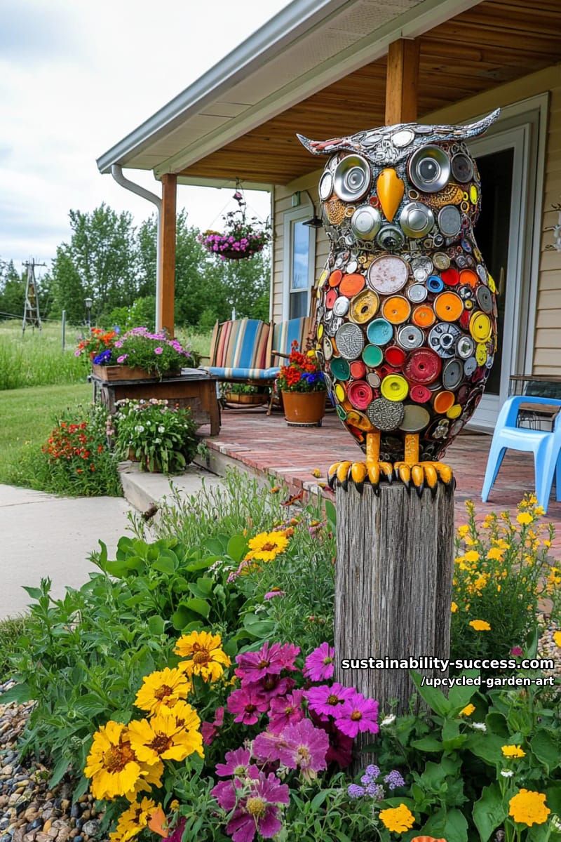 owl sculpture from hubcaps and old metal tool parts 1