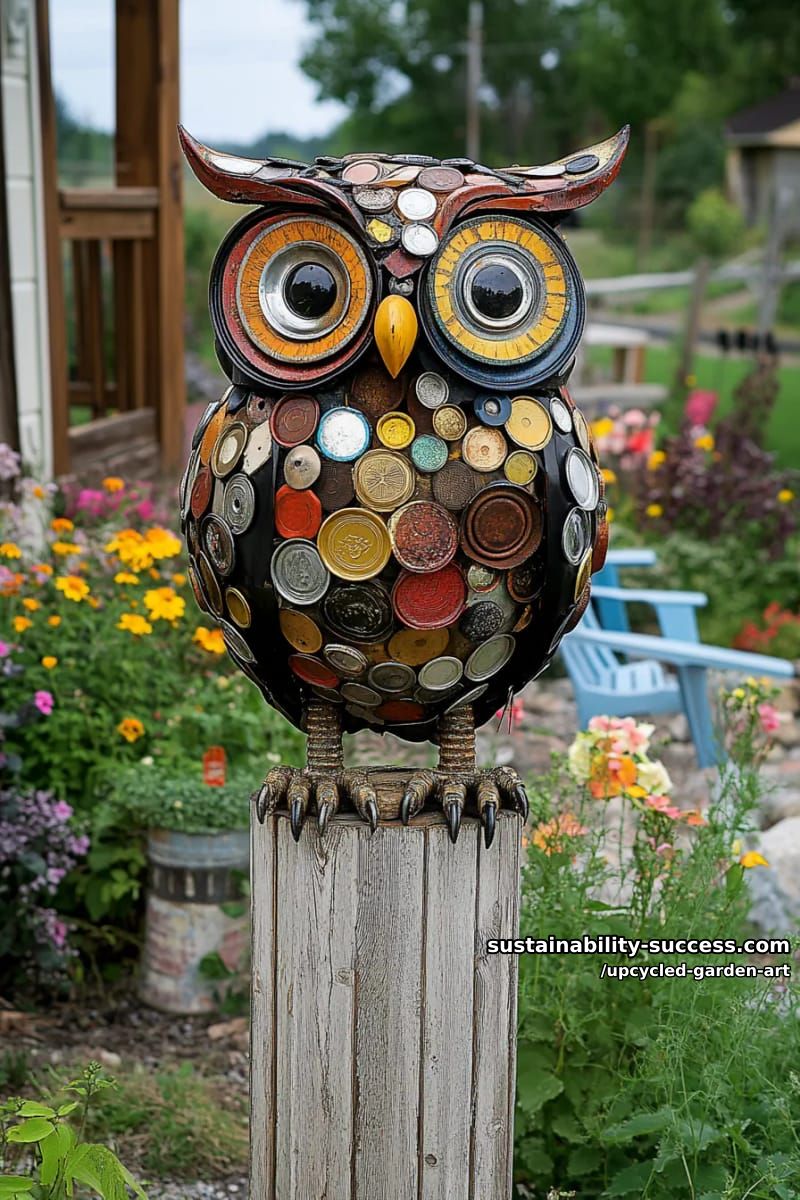 owl sculpture from hubcaps and old metal tool parts 1