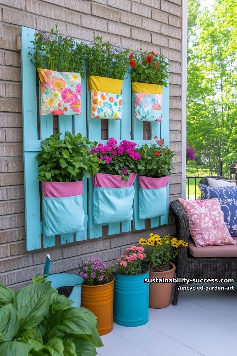 painted pallet vertical garden with pockets for herbs and flowers 1