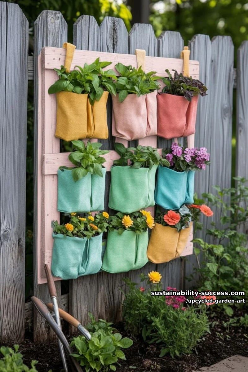 painted pallet vertical garden with pockets for herbs and flowers 1