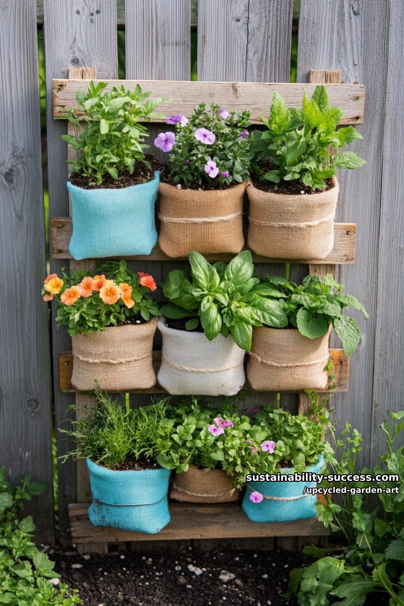 painted pallet vertical garden with pockets for herbs and flowers 1