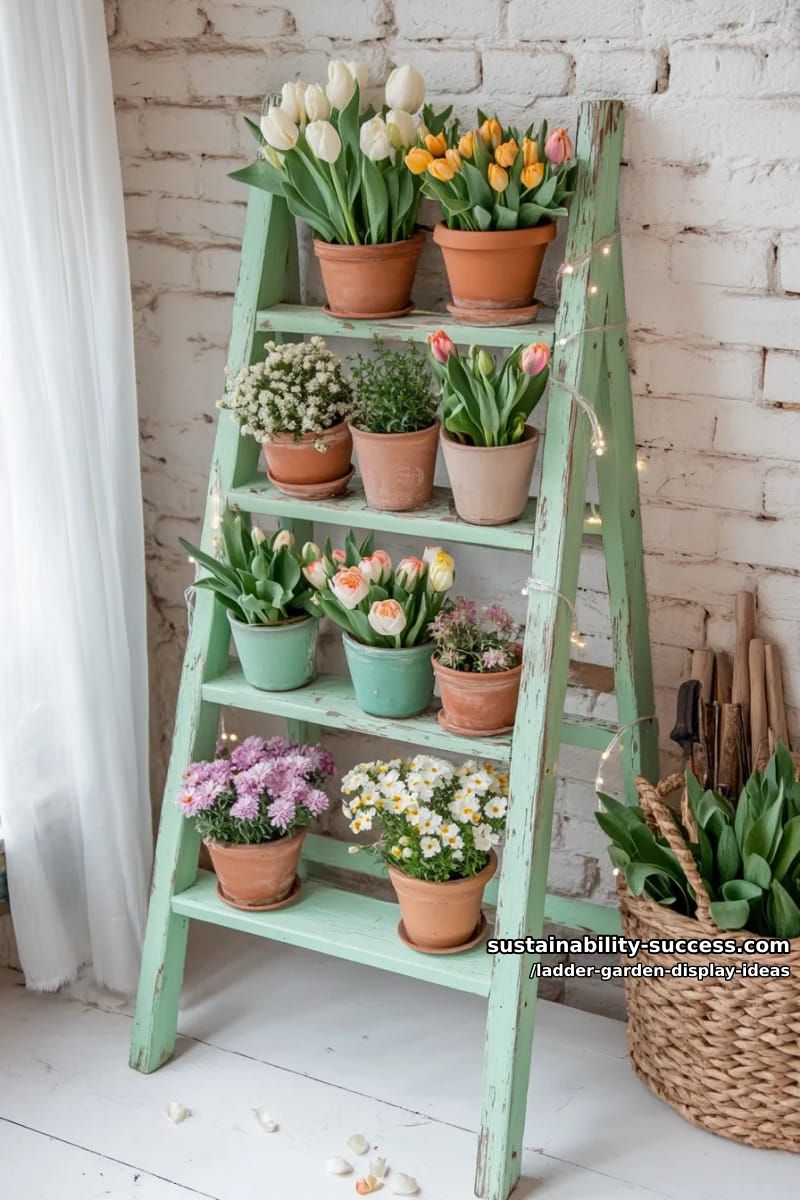 painted pastel ladder with potted spring flowers and fairy lights 1