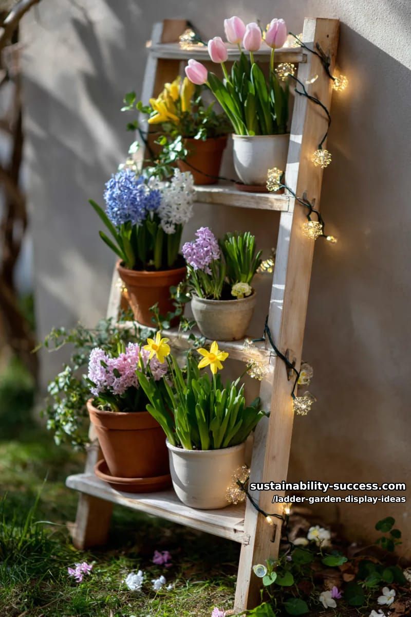 painted pastel ladder with potted spring flowers and fairy lights 1