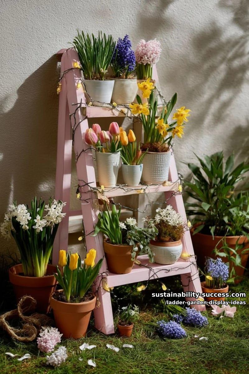 painted pastel ladder with potted spring flowers and fairy lights 1