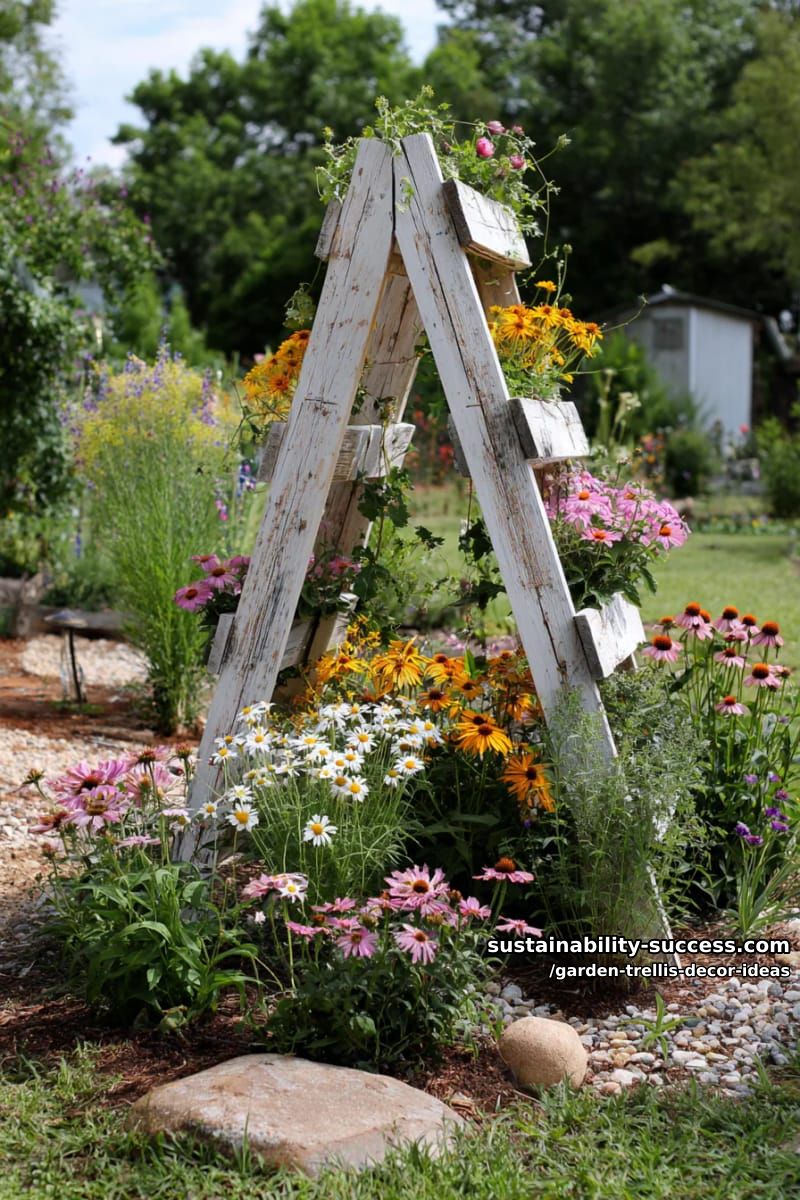 painted recycled-wood a-frame trellis surrounded by wildflowers 1