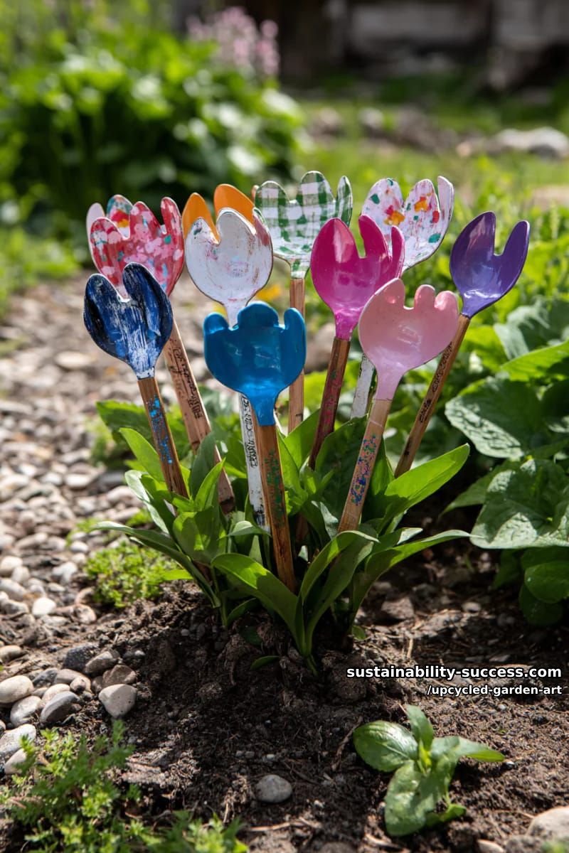 painted spoon flowers with fork stems in whimsical garden cluster 1