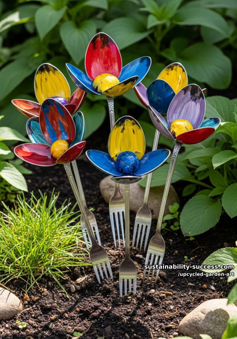 painted spoon flowers with fork stems in whimsical garden cluster 1
