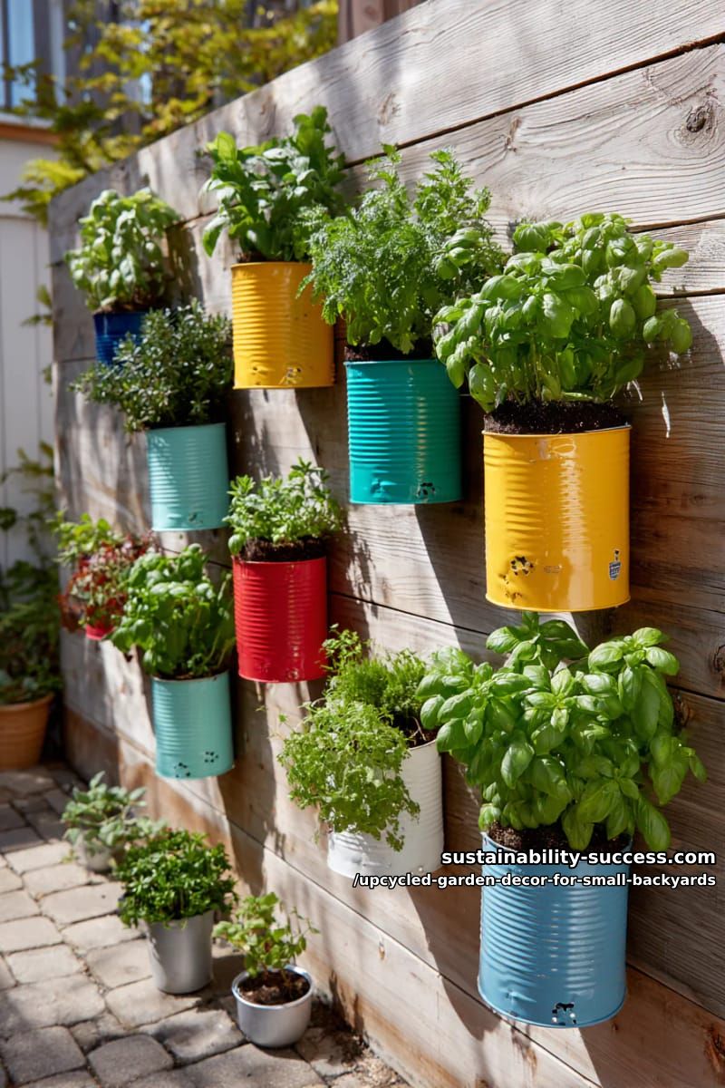 painted tin cans arranged on a wall garden for herbs 1