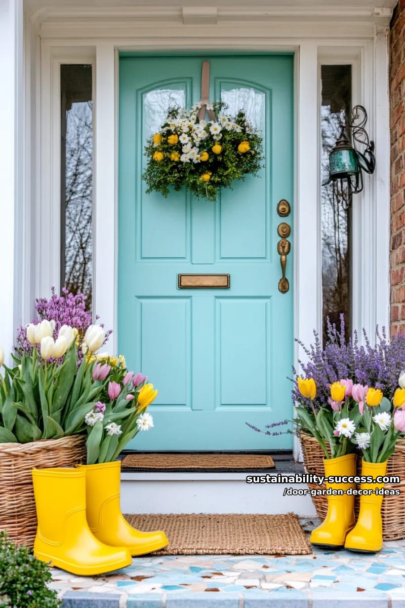 pale aqua door with flower-filled boots as porch planter accents 1