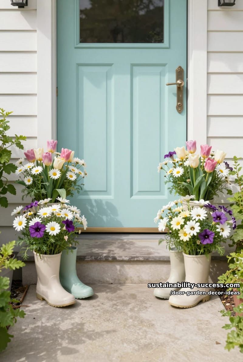 pale aqua door with flower-filled boots as porch planter accents 1