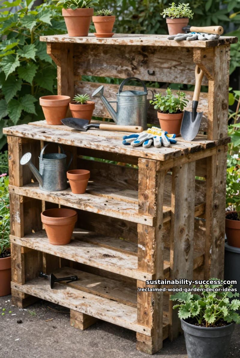 pallet potting bench with built-in shelves for pots and garden tools 1