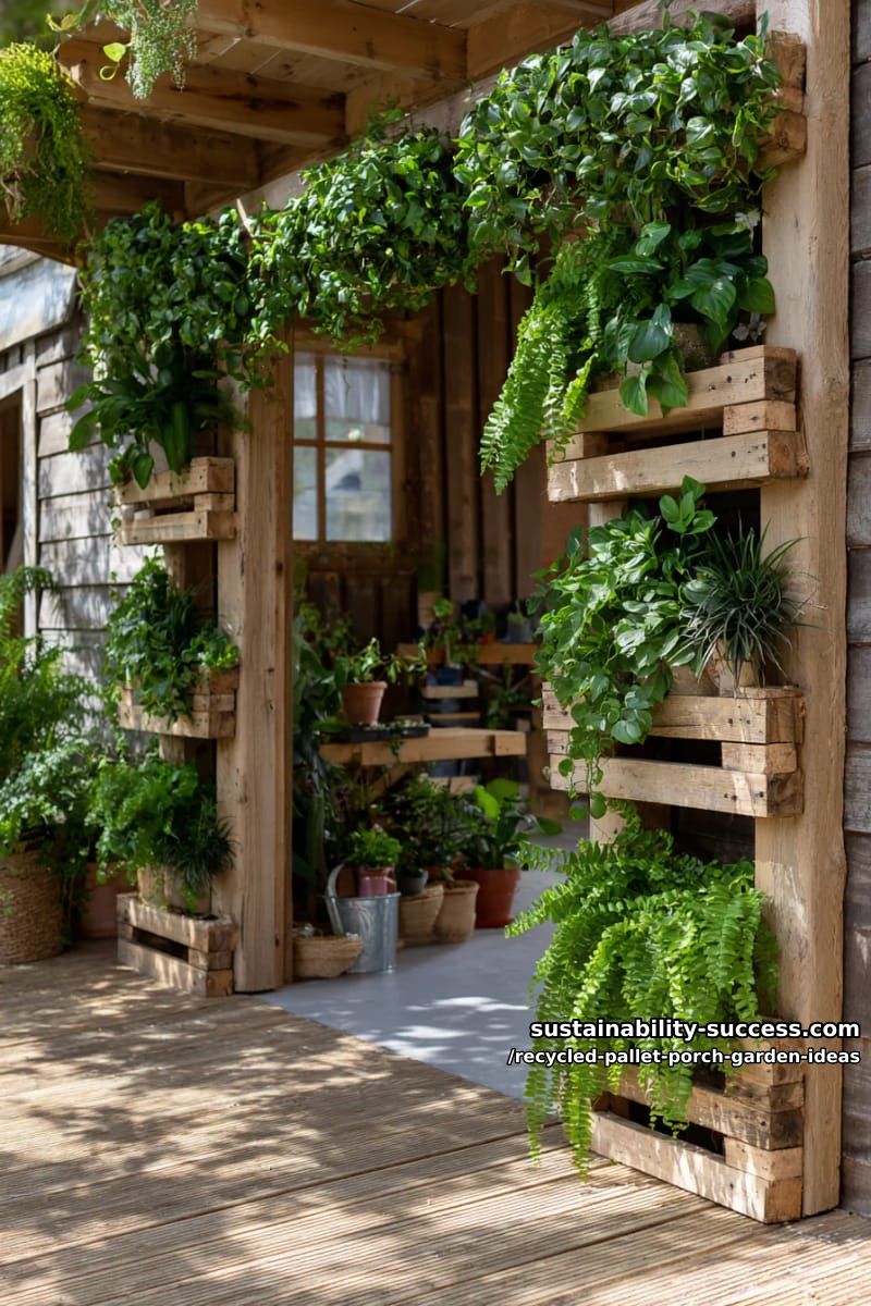 pallet vertical garden framing the porch entrance with cascading green foliage 1