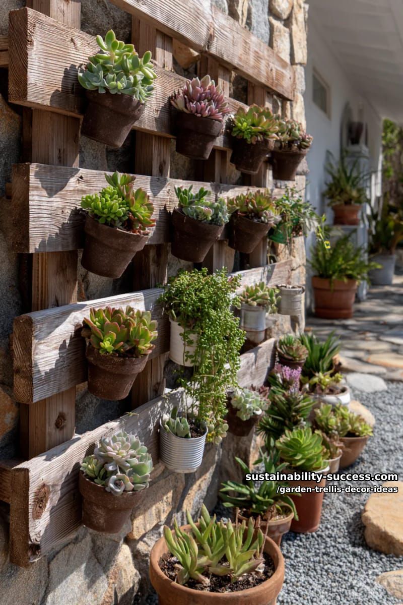 pallet wood trellis with mounted succulent planters 1