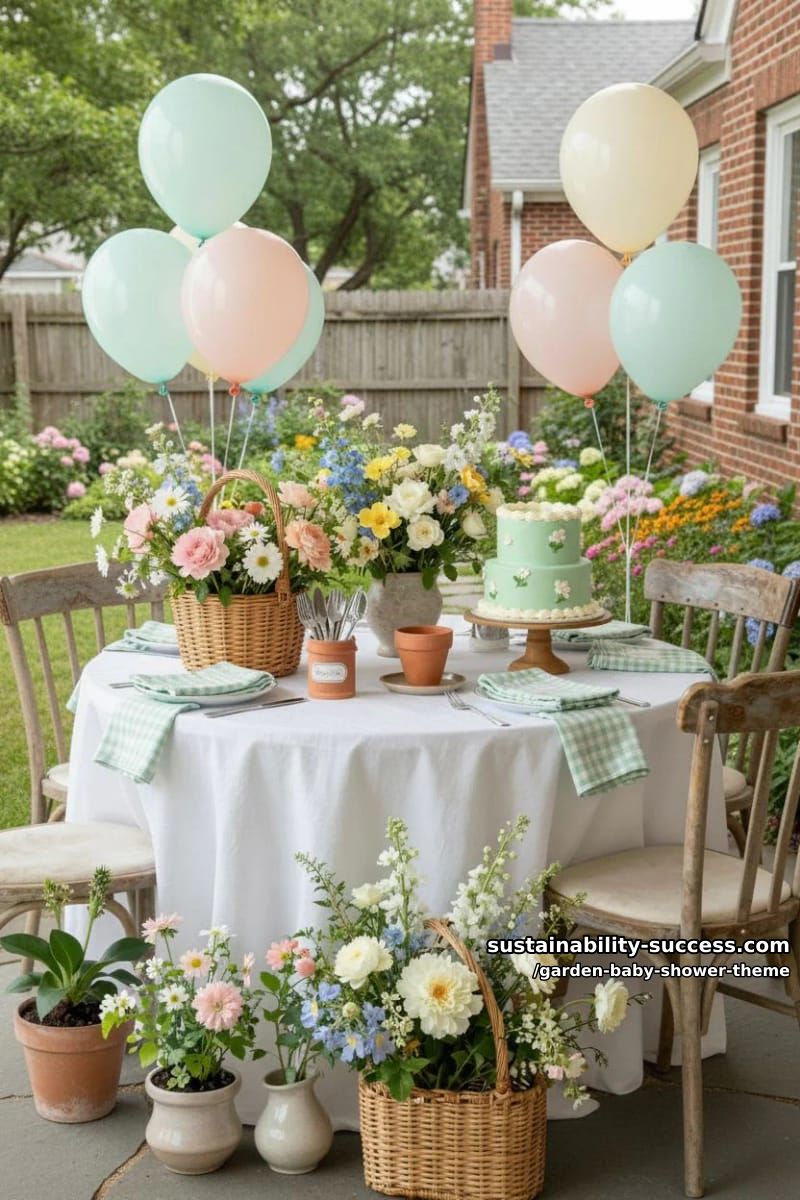 pastel baby shower table with gingham napkins and wicker baskets of flowers 1
