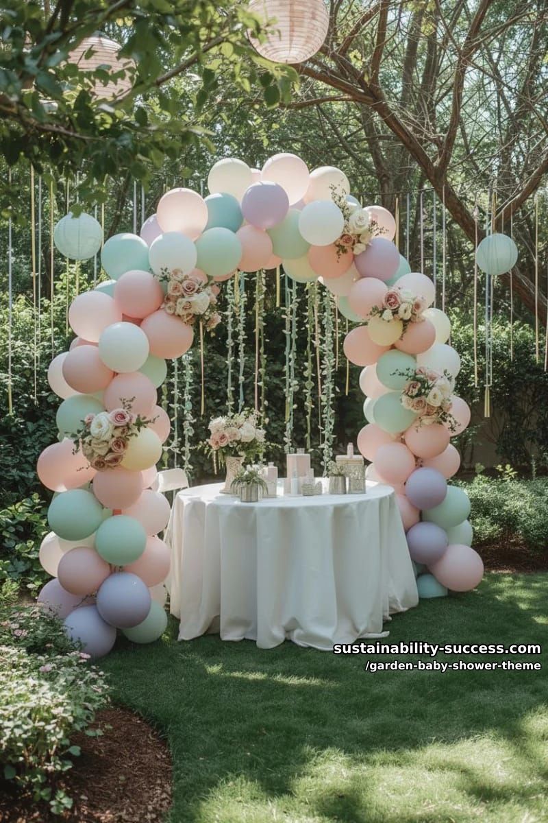 pastel balloon arch with floral accents for festive outdoor celebrations 1