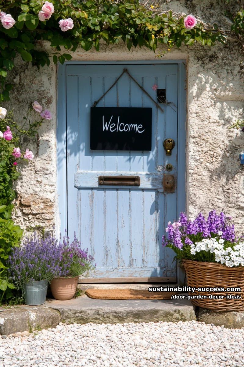 pastel old door with cottage garden accents and a welcome chalkboard 1