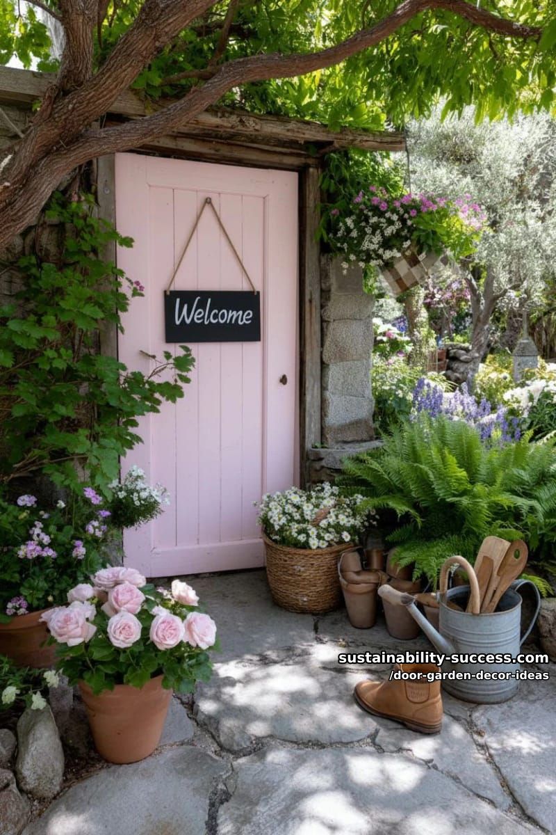 pastel old door with cottage garden accents and a welcome chalkboard 1