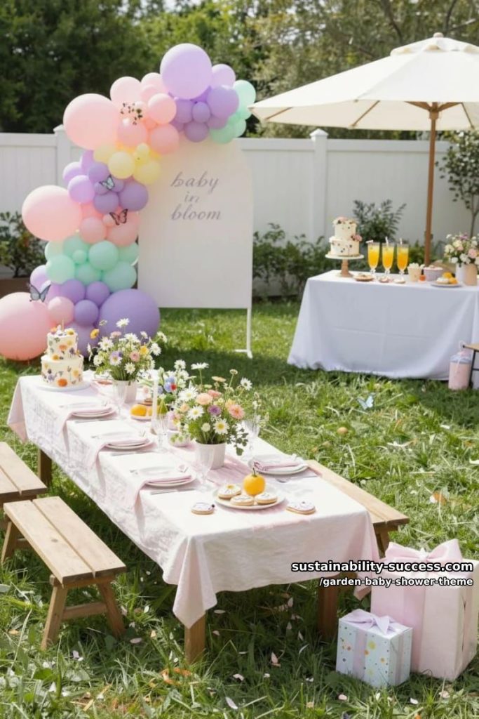 Sustainability Success 4 pastel outdoor picnic with balloon arches, wildflowers, and “baby in bloom” theme 25