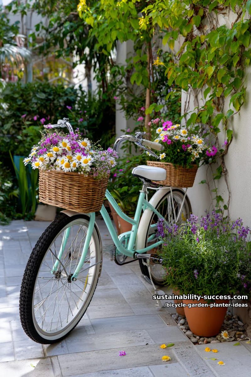 15 Creative Bicycle Planter Ideas for a Charming Garden Display 4 pastel-painted bicycle with overflowing wicker baskets of wildflowers on the patio 1