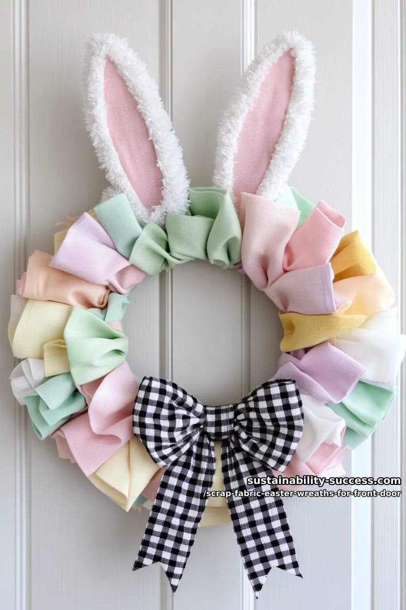 pastel rag wreath with oversized bunny ears and gingham bow centerpiece 1