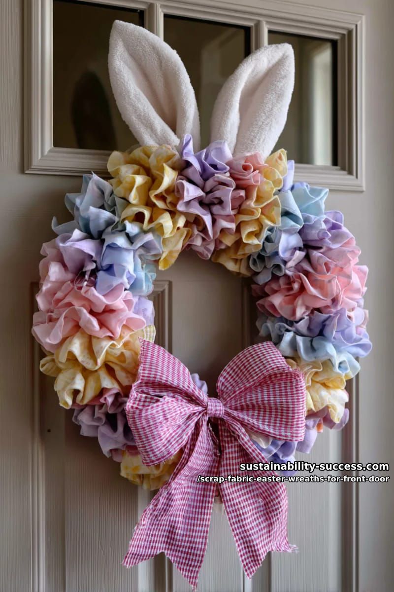 pastel rag wreath with oversized bunny ears and gingham bow centerpiece 1