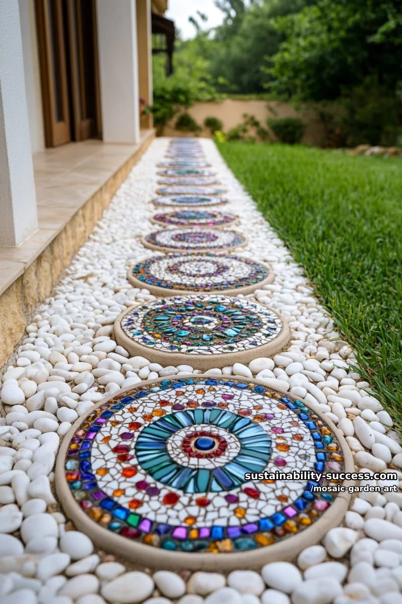 pathway of circular mosaic stepping stones with colorful glass gem patterns 1
