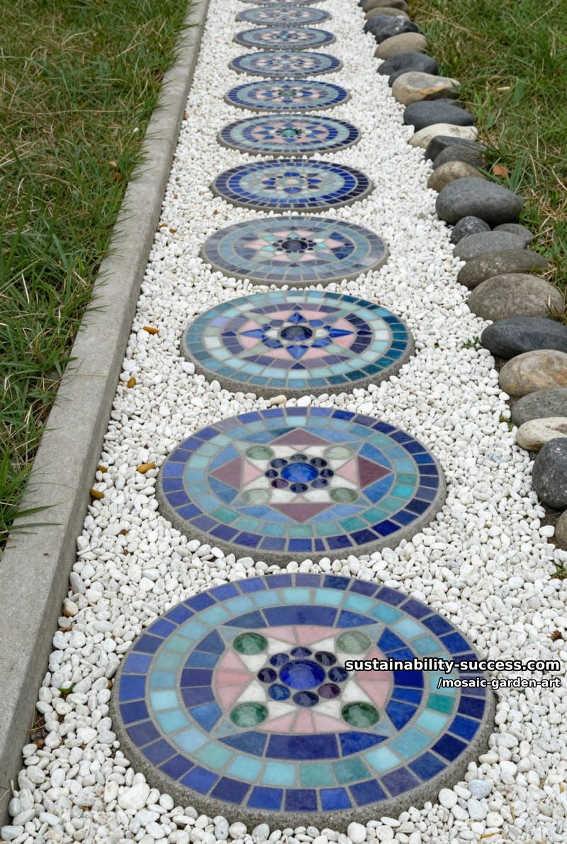pathway of circular mosaic stepping stones with colorful glass gem patterns 1