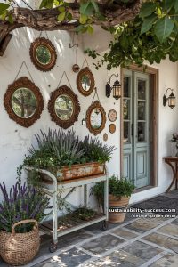 patio with vintage mirrors, wooden cart planter, blue door, and greenery. 31