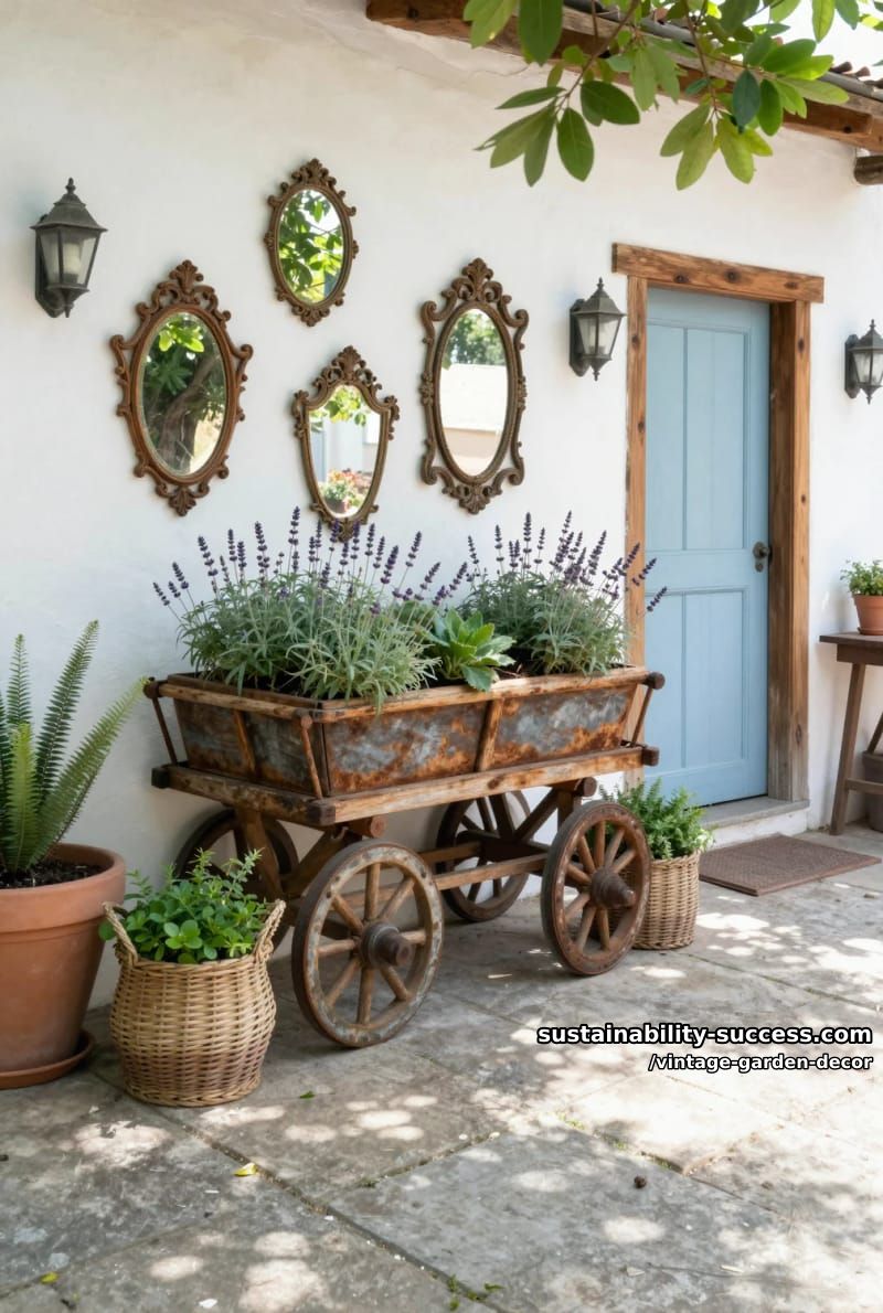 patio with vintage mirrors, wooden cart planter, blue door, and greenery. 1