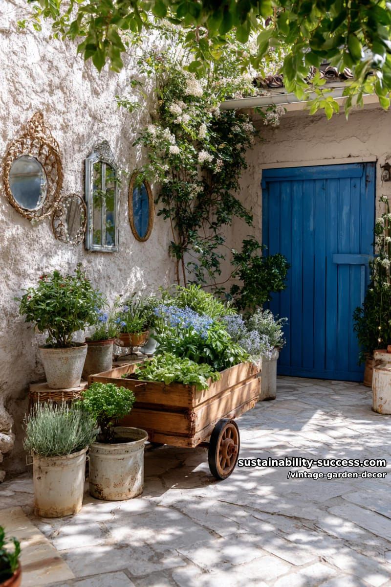 patio with vintage mirrors, wooden cart planter, blue door, and greenery. 1