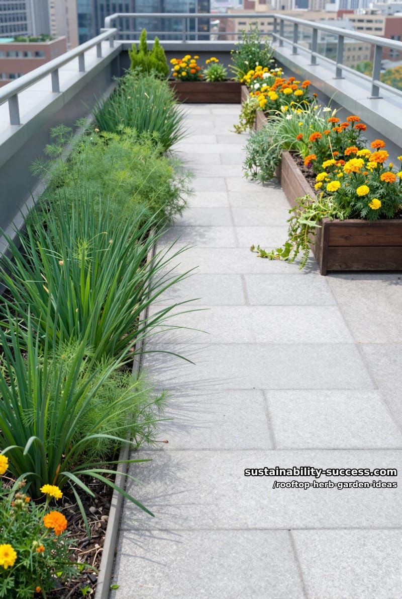 paved rooftop path bordered by lush chives, dill, and marigolds 1