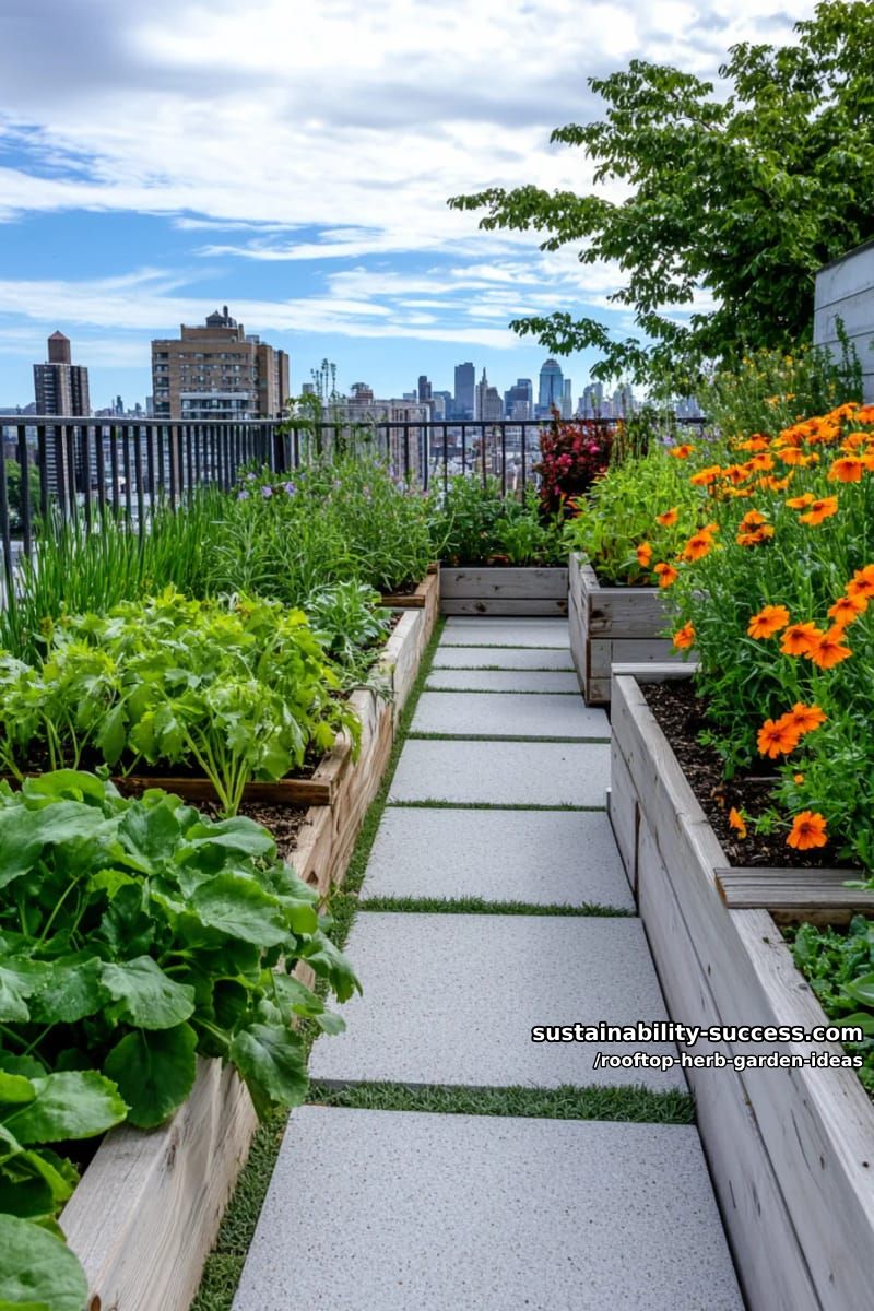 paved rooftop path bordered by lush chives, dill, and marigolds 1
