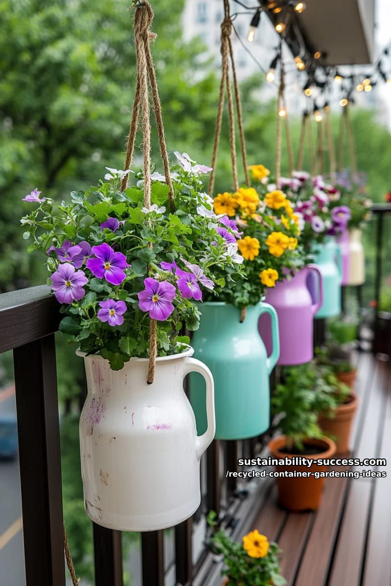 plastic milk jugs transformed into swingable balcony planters 1