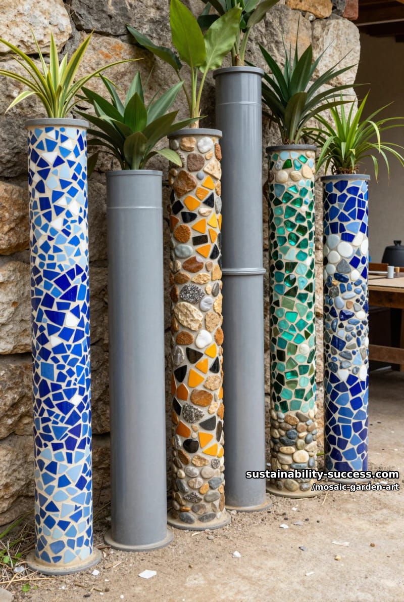 pvc pipes transformed into vibrant mosaic tile planters with plants 1