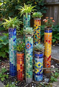 pvc pipes transformed into vibrant mosaic tile planters with plants 5