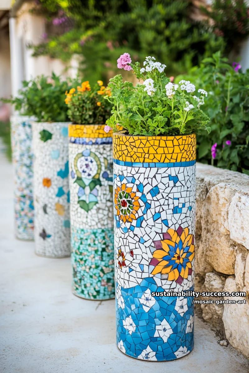 pvc pipes transformed into vibrant mosaic tile planters with plants 1