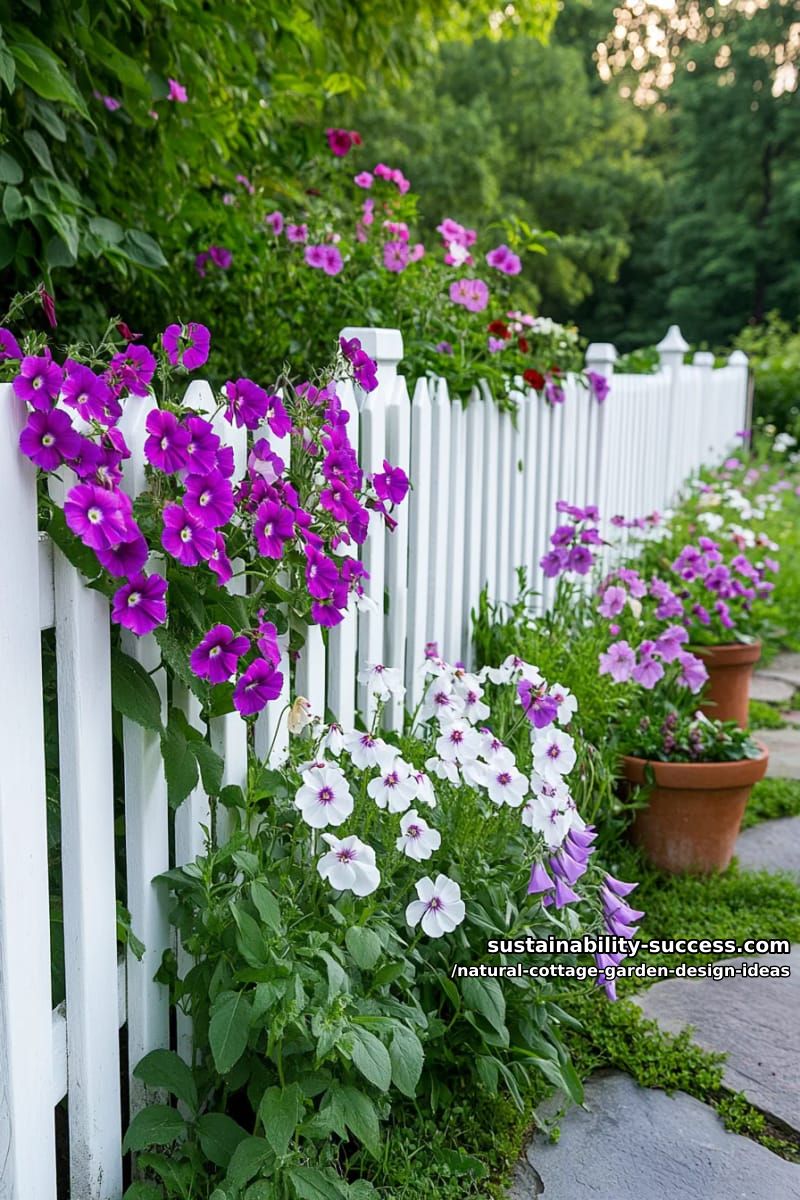 quaint picket fences wrapped in sweet peas and trailing clematis vines 1
