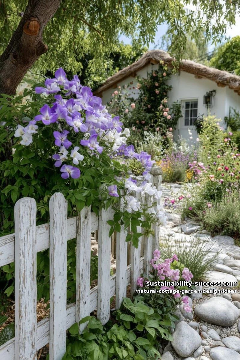 quaint picket fences wrapped in sweet peas and trailing clematis vines 1