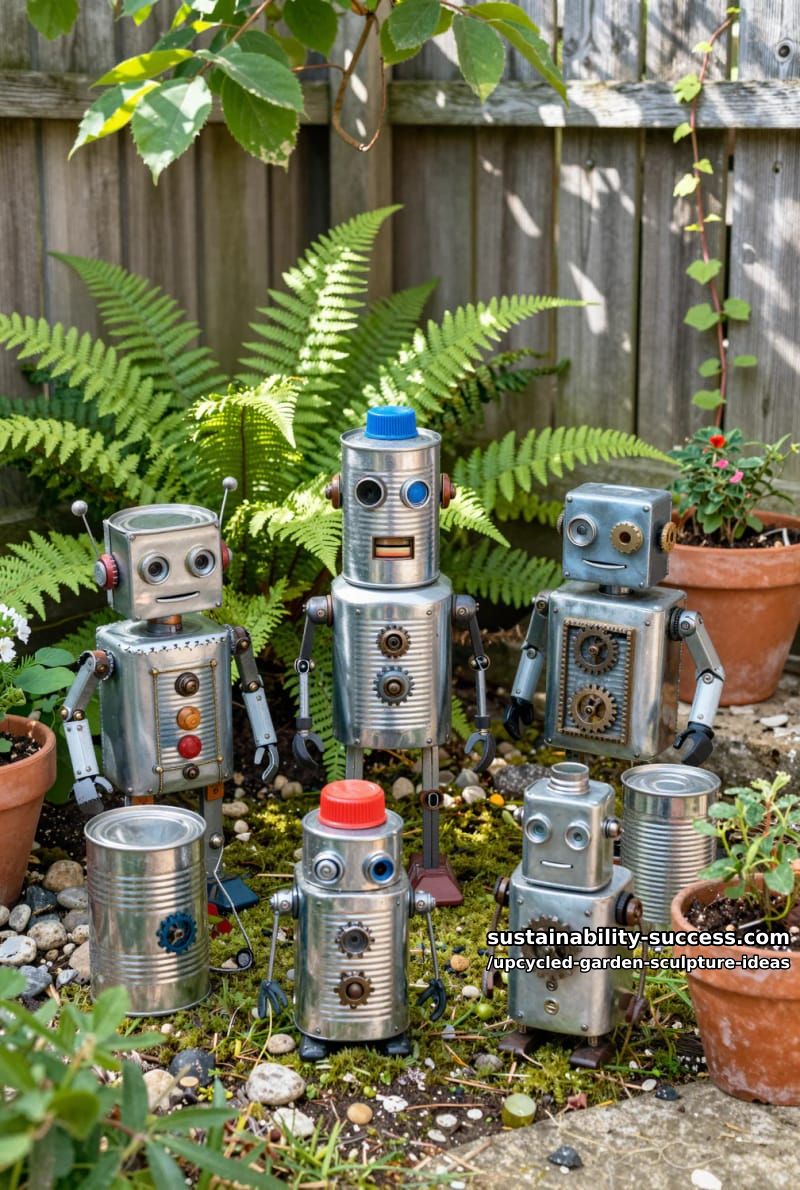 quirky robot figures assembled from stacked tin cans and lids 1