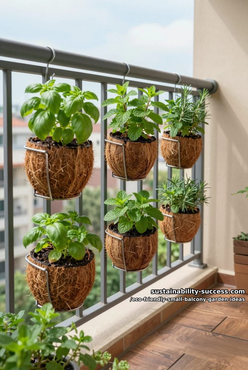 rail-mounted herb garden using eco-friendly coconut fiber pots 1