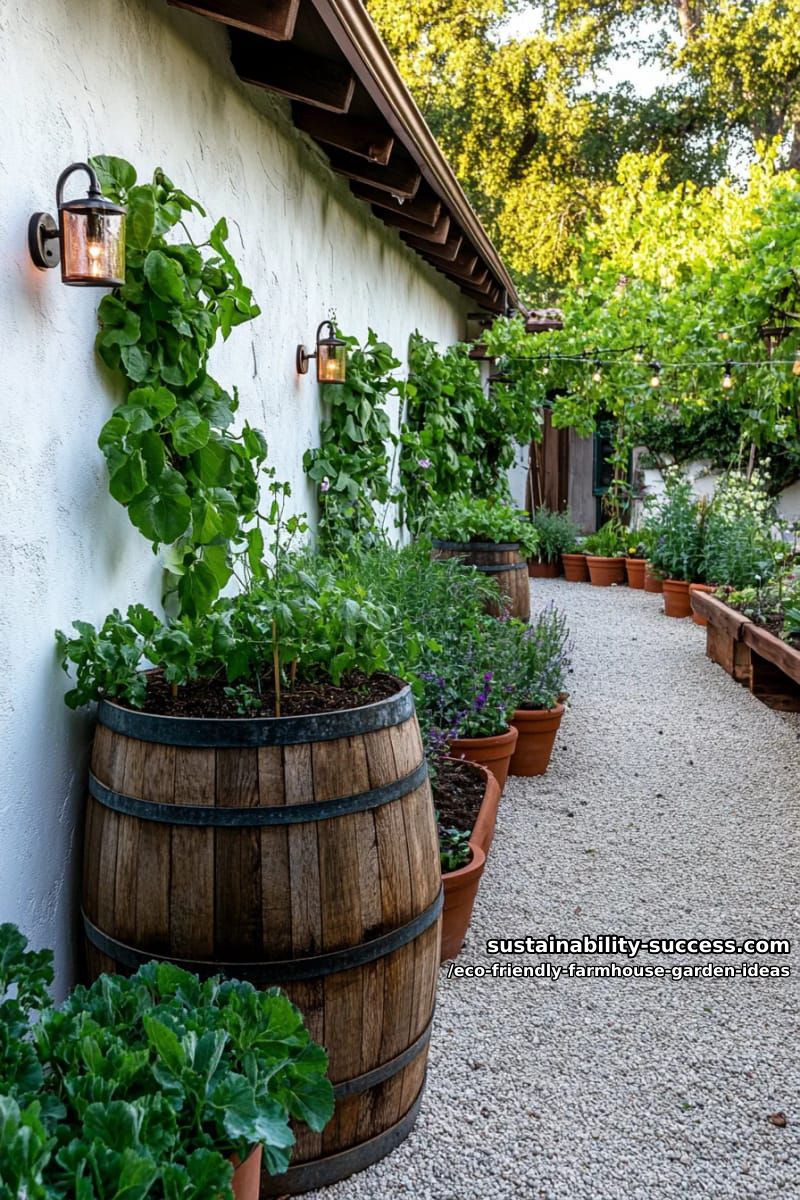 rainwater-collecting barrels with cascading vines and sustainable watering solutions 1