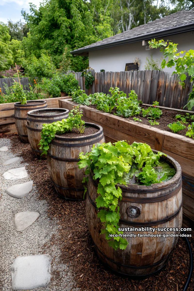 rainwater-collecting barrels with cascading vines and sustainable watering solutions 1