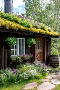 rainwater-harvesting moss roof with edible herb pockets above cabin windows 4