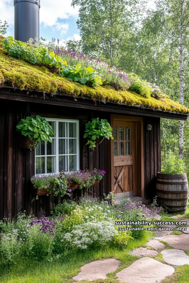 rainwater-harvesting moss roof with edible herb pockets above cabin windows 1