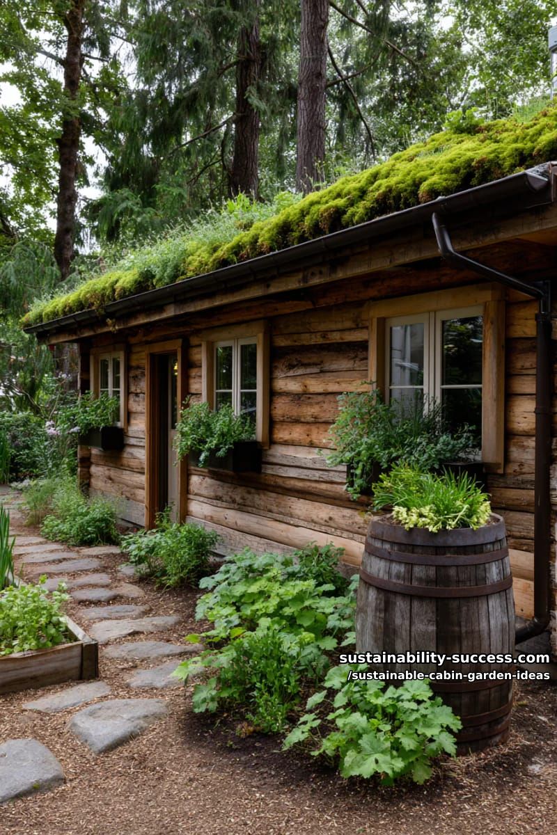 rainwater-harvesting moss roof with edible herb pockets above cabin windows 1
