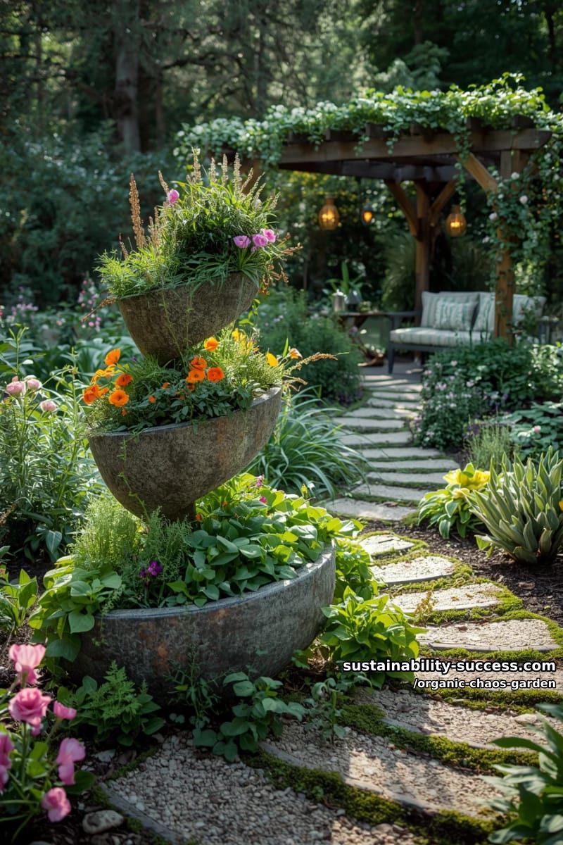 raised spiral beds overflowing with herbs, flowers, and veggie vines 1