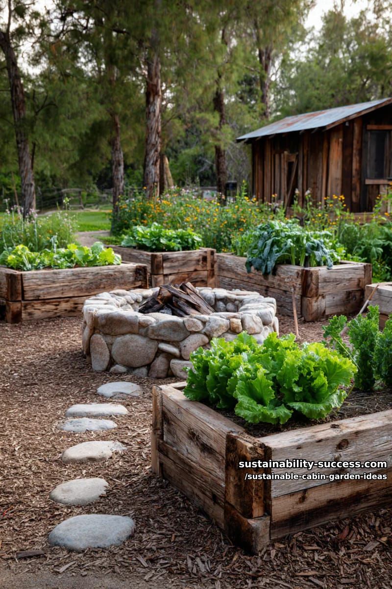 raised veggie beds made from reclaimed timber surrounding a fire pit 1