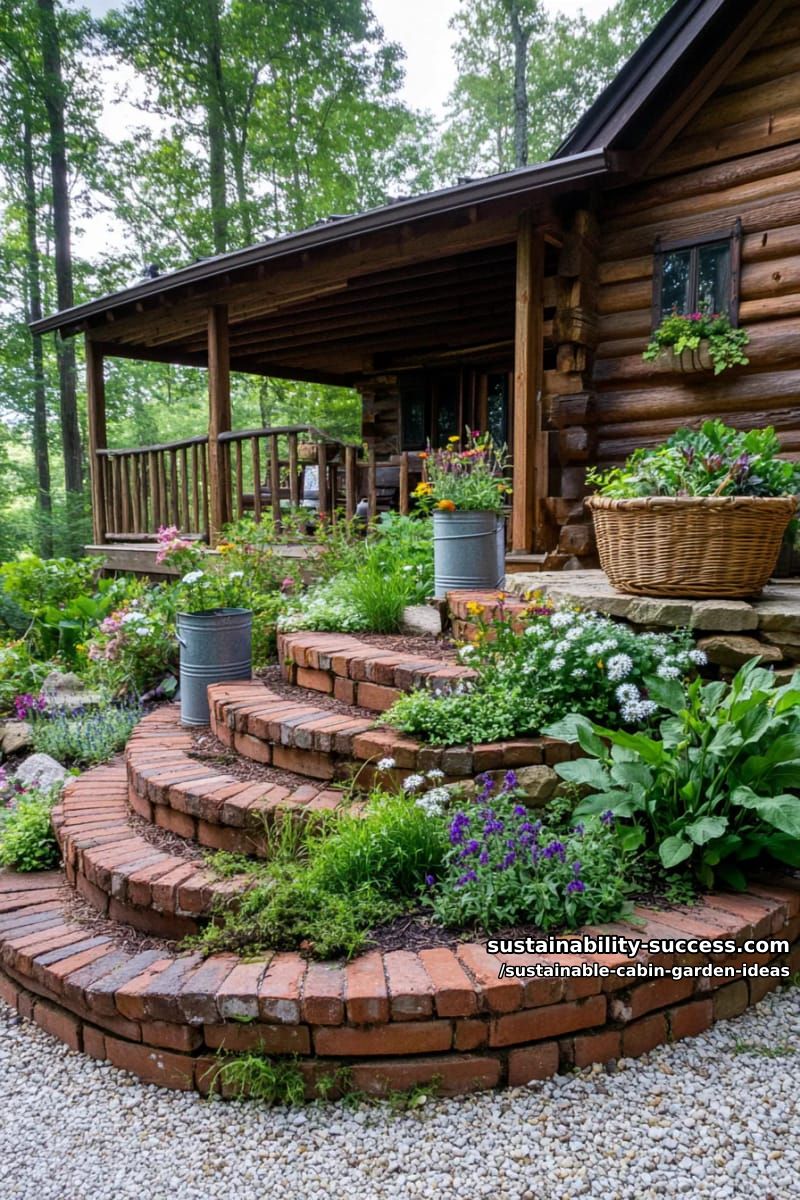 reclaimed brick spiral herb garden at the entrance to the cabin 1