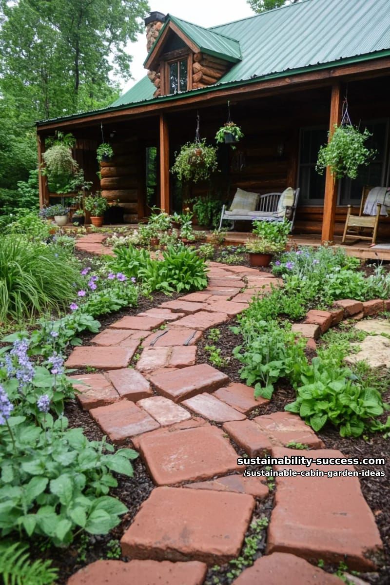 reclaimed brick spiral herb garden at the entrance to the cabin 1